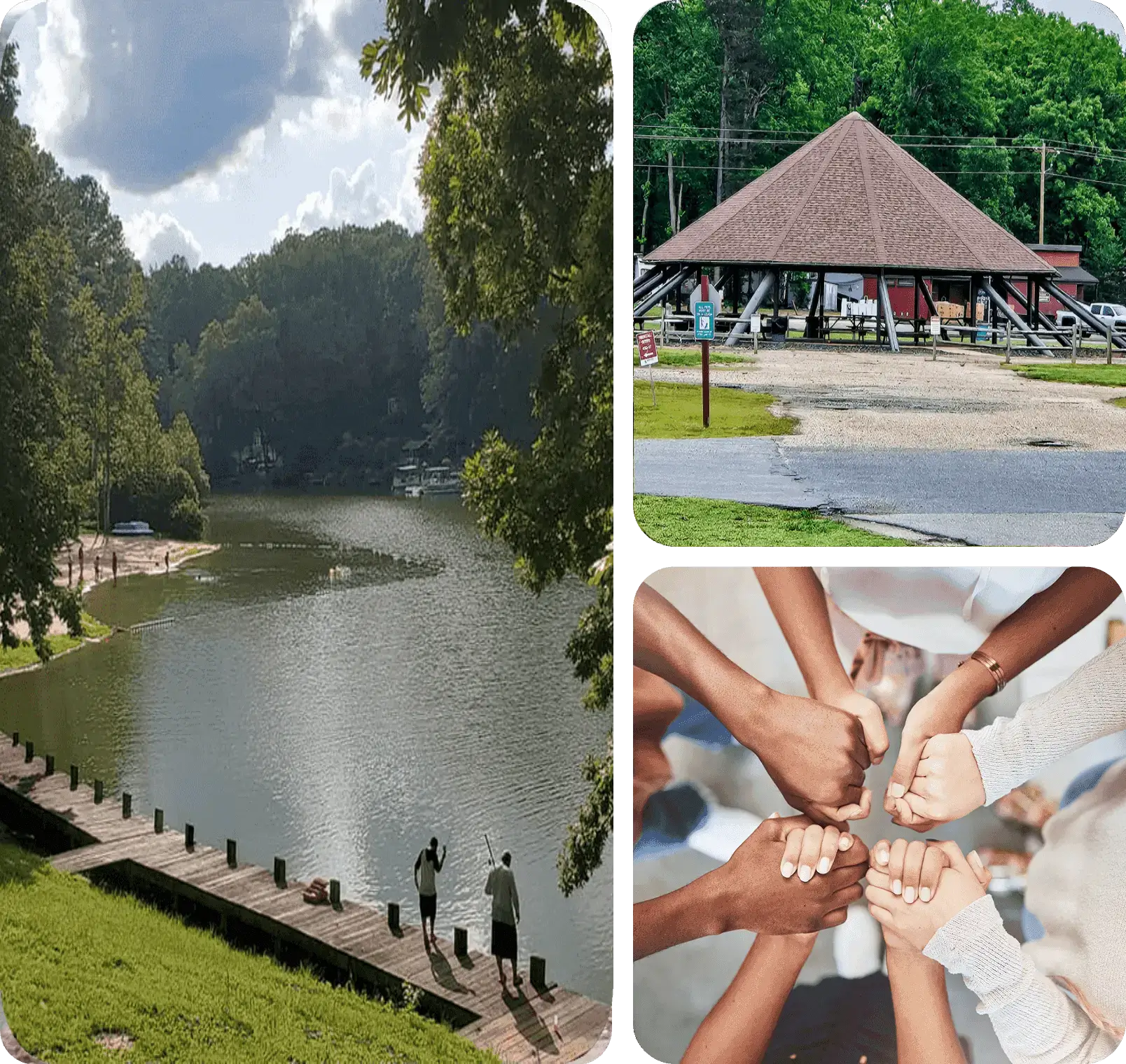 Lake view, pavilion, and diverse hands joined.